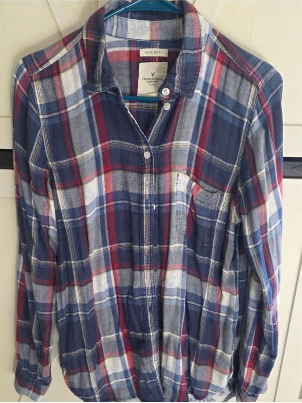 American Eagle Blue & Red Plaid Button-Front Shirt